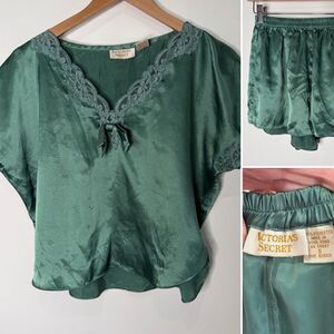 Vintage Victoria Secret Gold Label Pajama Shorts Set Satin Lace Green Women S